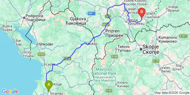 Map: Tirana Airport (TIA) to Skopje