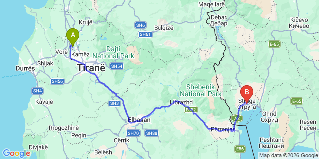 Map: Tirana Airport (TIA) to Struga