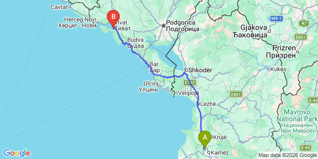 Map: Tirana Airport (TIA) to Tivat