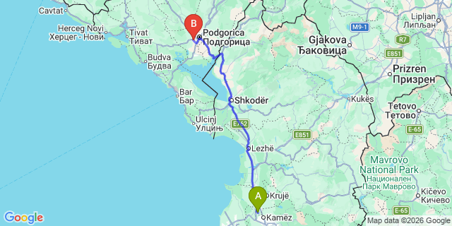 Map: Tirana Airport (TIA) to Ulcinj
