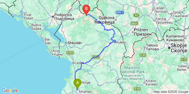 Map: Tirana Airport (TIA) to Valbone