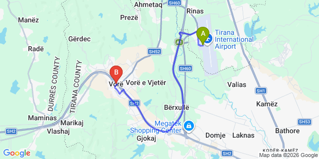 Map: Tirana Airport (TIA) to Vore