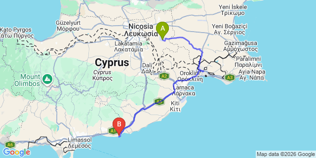 Map: Ercan Airport (ECN) to Karaman