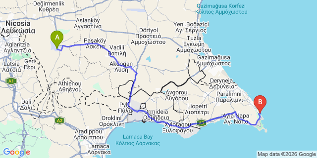 Map: Ercan Airport (ECN) to Turtle Bay