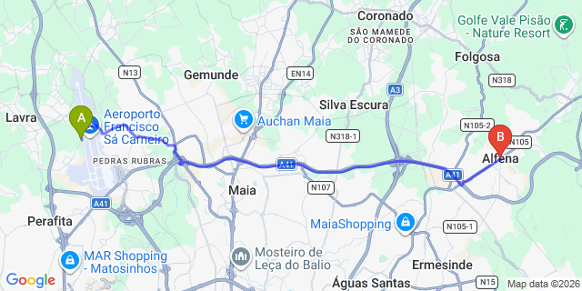 Map: Porto Airport (OPO) to Alfena