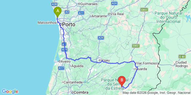 Map: Porto Airport (OPO) to Covilha