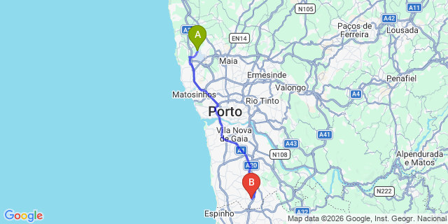Map: Porto Airport (OPO) to Grijó
