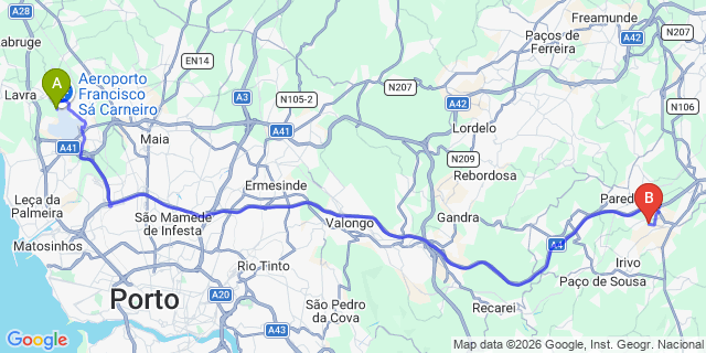 Map: Porto Airport (OPO) to Guilhufe