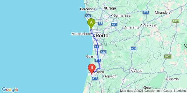 Map: Porto Airport (OPO) to Ílhavo