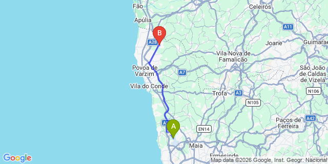 Map: Porto Airport (OPO) to Laundos
