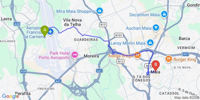Map: Porto Airport (OPO) to Maia (Porto)