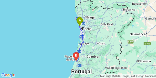 Map: Porto Airport (OPO) to Marinha das Ondas