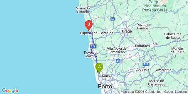 Map: Porto Airport (OPO) to Marinhas