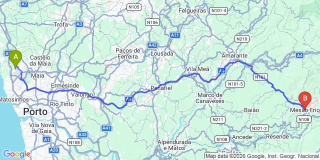 Map: Porto Airport (OPO) to Mesao Frio