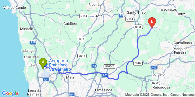 Map: Porto Airport (OPO) to Monte Córdova