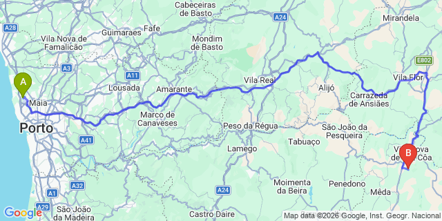 Map: Porto Airport (OPO) to Muxagata (Vila Nova de Foz Côa)