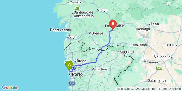 Map: Porto Airport (OPO) to O Barco de Valdeorras