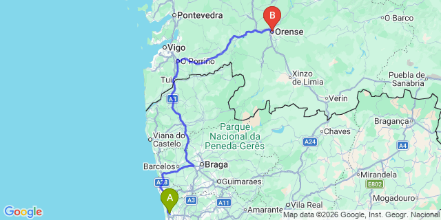 Map: Porto Airport (OPO) to Orense