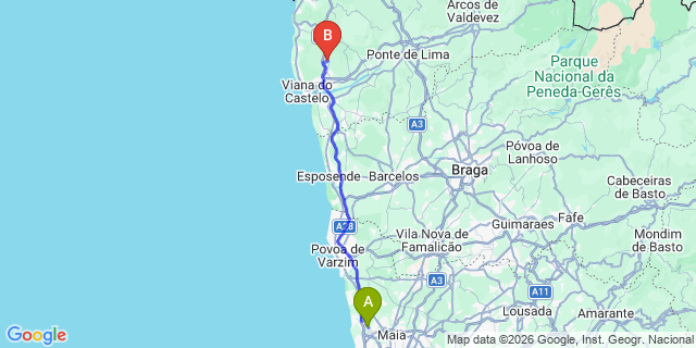 Map: Porto Airport (OPO) to Outeiro (Viana do Castelo)