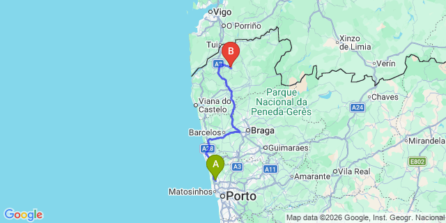 Map: Porto Airport (OPO) to Paredes de Coura