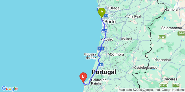 Map: Porto Airport (OPO) to Peniche