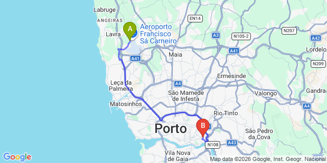 Map: Porto Airport (OPO) to Porto - Campanha Train Station
