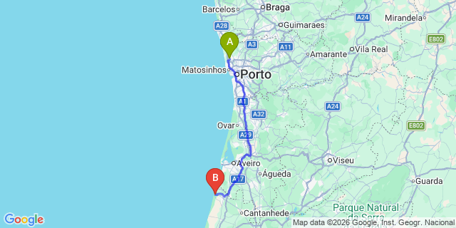 Map: Porto Airport (OPO) to Praia de Mira