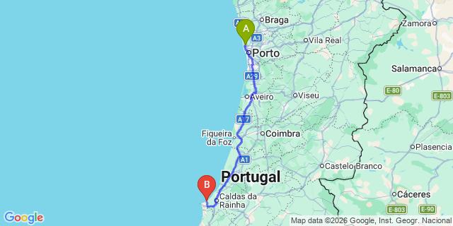Map: Porto Airport (OPO) to Praia del Rey