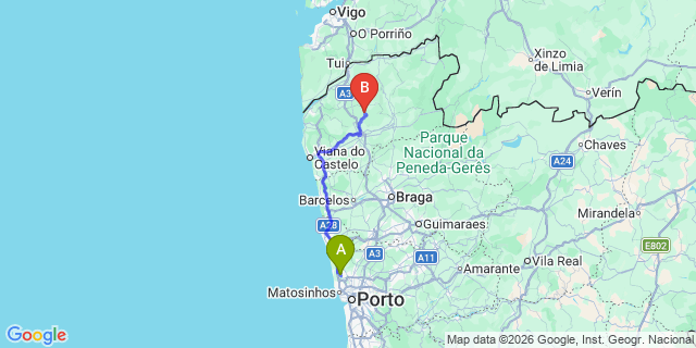 Map: Porto Airport (OPO) to Rendufe (Ponte de Lima)