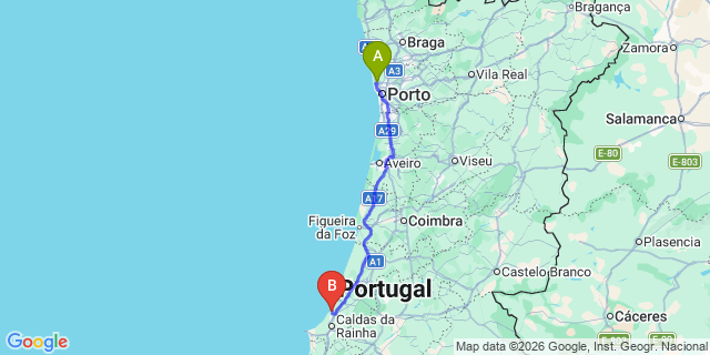 Map: Porto Airport (OPO) to São Martinho do Porto