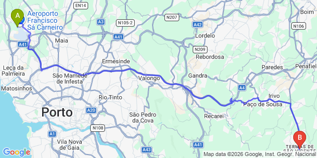 Map: Porto Airport (OPO) to Termas de São Vicente