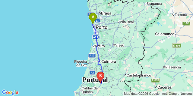 Map: Porto Airport (OPO) to Tomar