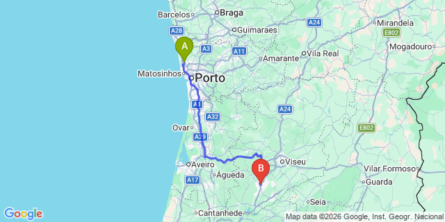Map: Porto Airport (OPO) to Tondela