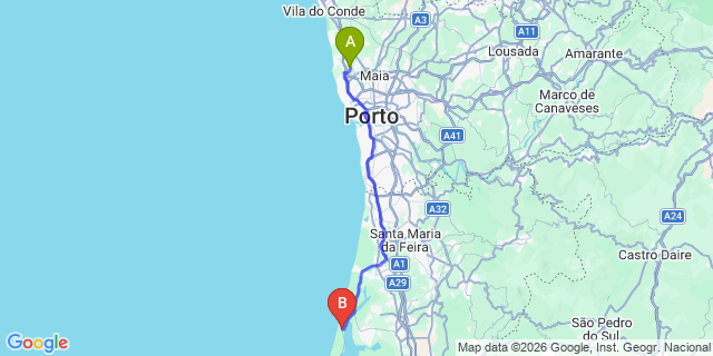Map: Porto Airport (OPO) to Torreira