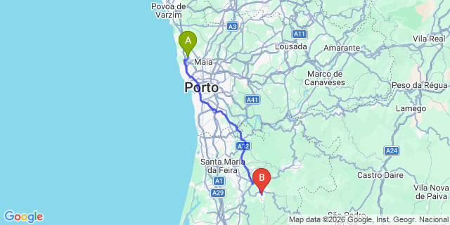 Map: Porto Airport (OPO) to Vale de Cambra