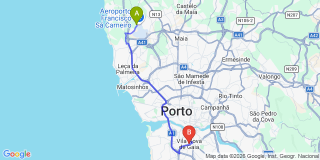 Map: Porto Airport (OPO) to Vila Nova de Gaia