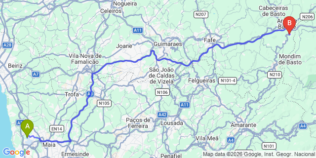 Map: Porto Airport (OPO) to Vila Nune