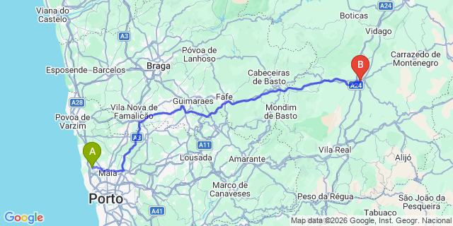 Map: Porto Airport (OPO) to Vila Pouca de Aguiar