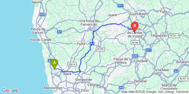 Map: Porto Airport (OPO) to Vizela