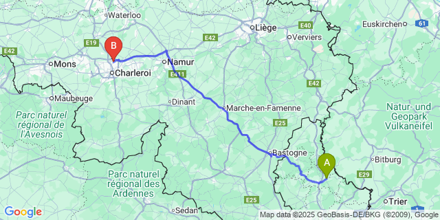 Map: Charleroi Airport Brussels South (CRL) to Diekirch