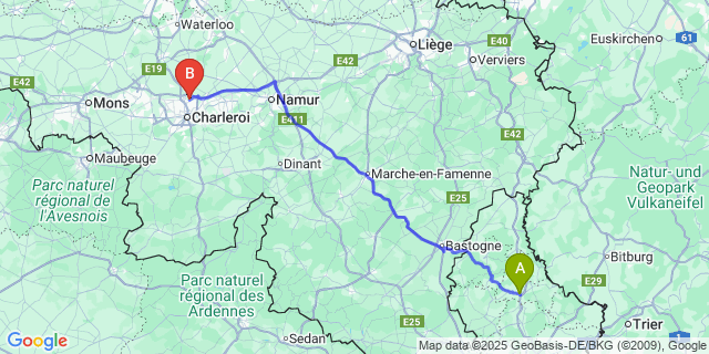 Map: Charleroi Airport Brussels South (CRL) to Ettelbruck